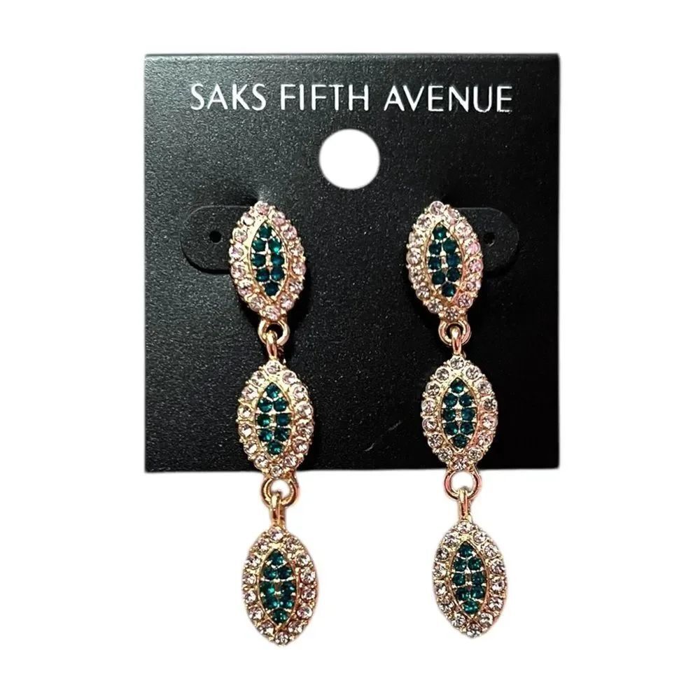 Saks Fifth Avenue Green and Clear Crystal Triple Drop Earrings